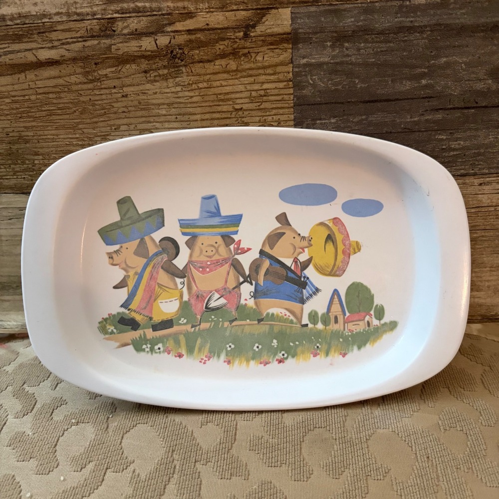 Vintage Noritake Melamine Tray Three Little Pigs Sombrero Japan White Kid Dish
